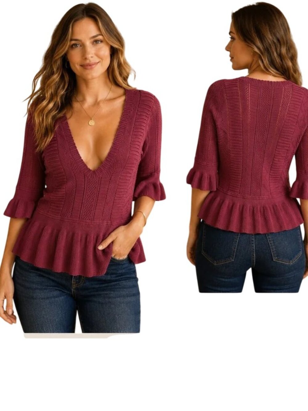 Torn by RONNY KOBO Burgundy Peplum Knit Ruffled 3/4 Sleeve Sweater Top